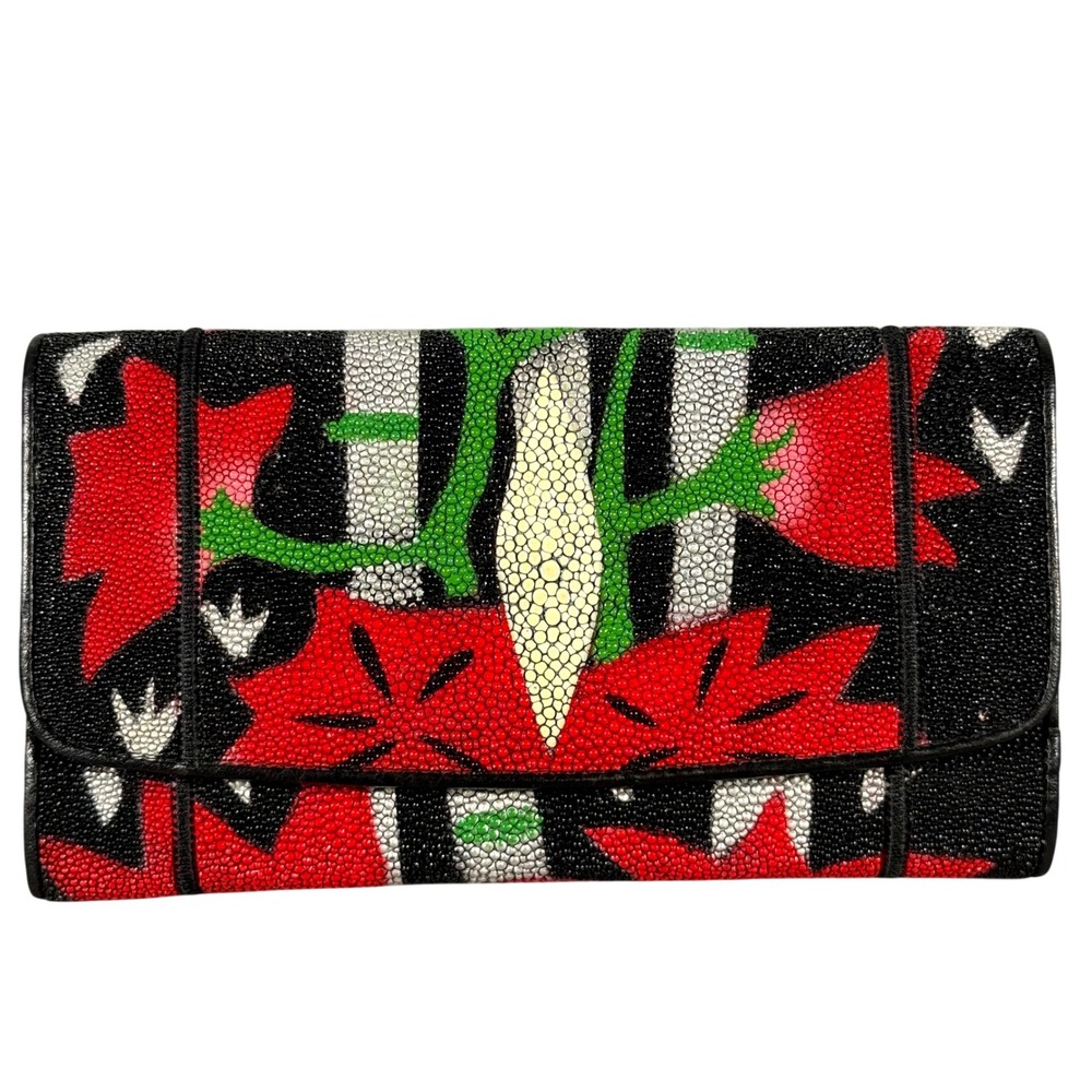 Findig AG 137-01 Genuine Stingray Skin Floral Clutch Wallet Thailand New